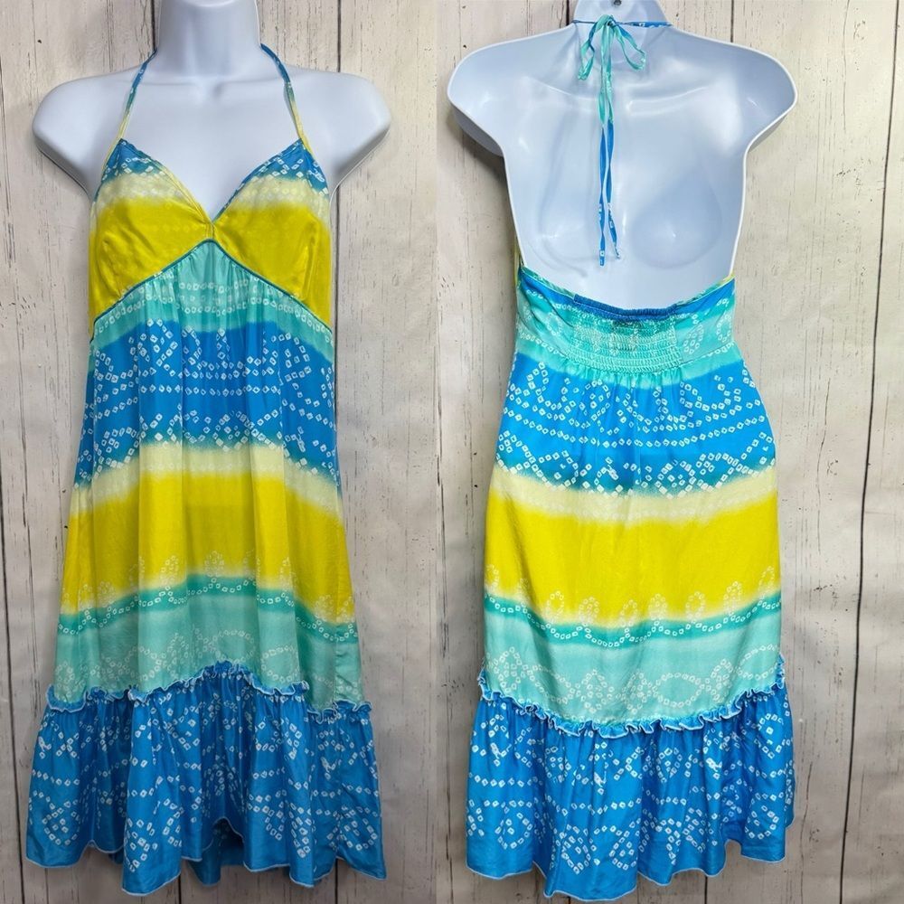 Moda International Silk Halter Maxi Dress Blue Yellow Boho Beach Coastal Flowy